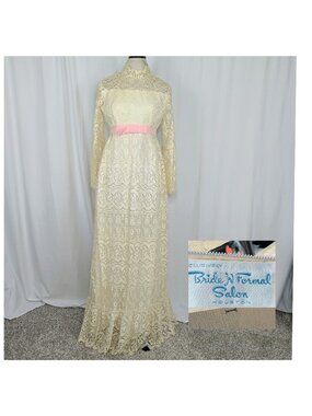 Vintage Wedding Dress Small Lace Cream Maxi 60s